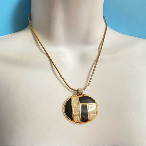 Gold Tone & Black Enamel Pendant Necklace - Picture 5 of 8